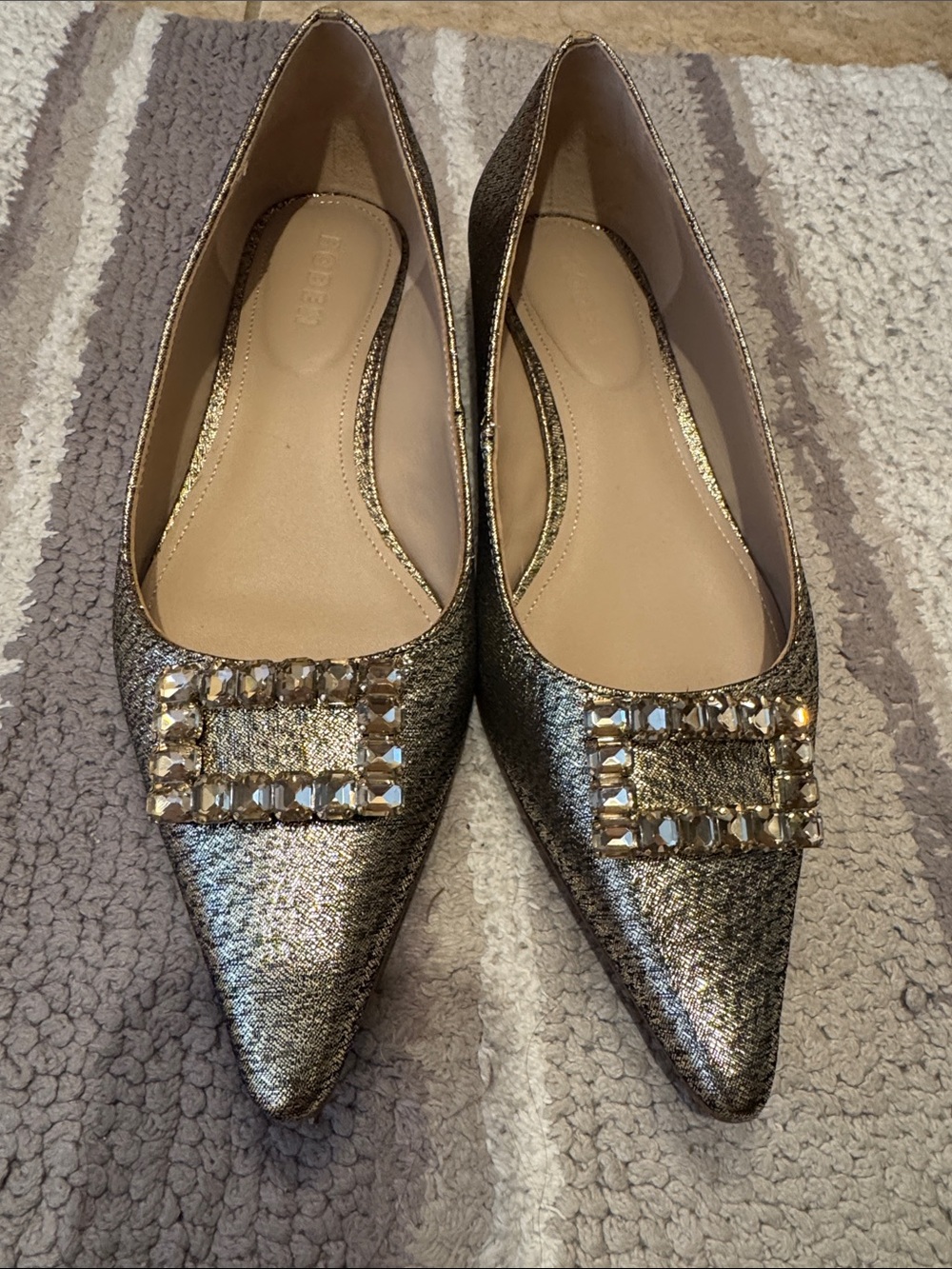Boden Metallic Gold Pointed Flats with Crystal Accent